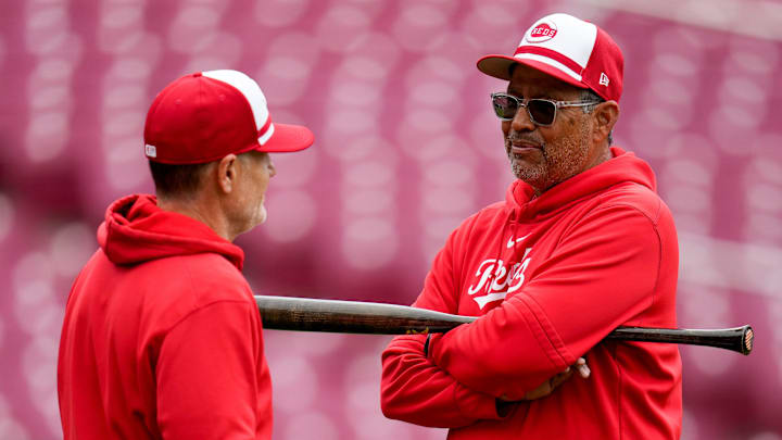 Cincinnati Reds manager David Bell (left) and bench coach Freddie Benavides talks during the final preseason workout ahead of Opening Day at Great American Ball Park in downtown Cincinnati on Wednesday, March 27, 2024. Cincinnati Reds manager David Bell (left) and bench coach Freddie Benavides talks during the final preseason workout ahead of Opening Day at Great American Ball Park in downtown Cincinnati on Wednesday, March 27, 2024.