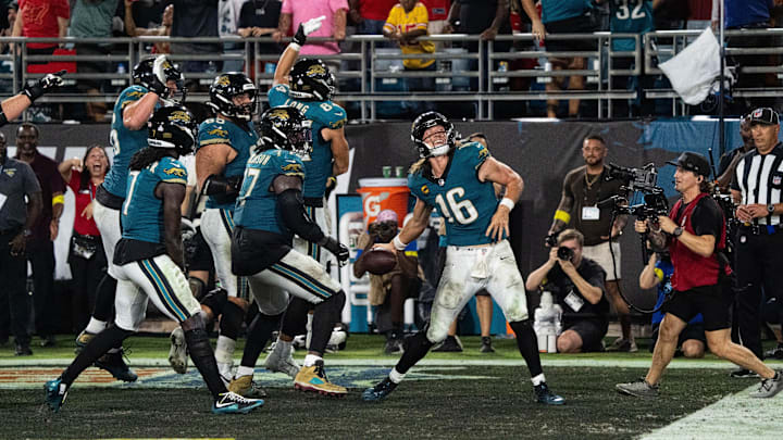 Jacksonville Jaguars quarterback Trevor Lawrence (16) celebrates his fourth quarter touchdown during a Monday Night NFL football game at EverBank Stadium, Monday, Oct. 6, 2025, in Jacksonville, Fla. [Doug EngleFlorida Times-Union]