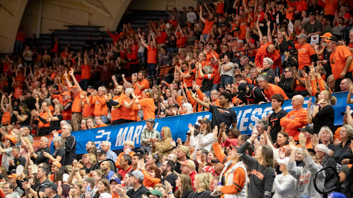 Oregon State fans cheer as the Oregon State Beavers take on the Nebraska Huskers in the second round of the NCAA Tournament Sunday, March 24, 2024, at Gill Coliseum in Corvallis, Ore. Oregon State fans cheer as the Oregon State Beavers take on the Nebraska Huskers in the second round of the NCAA Tournament Sunday, March 24, 2024, at Gill Coliseum in Corvallis, Ore.