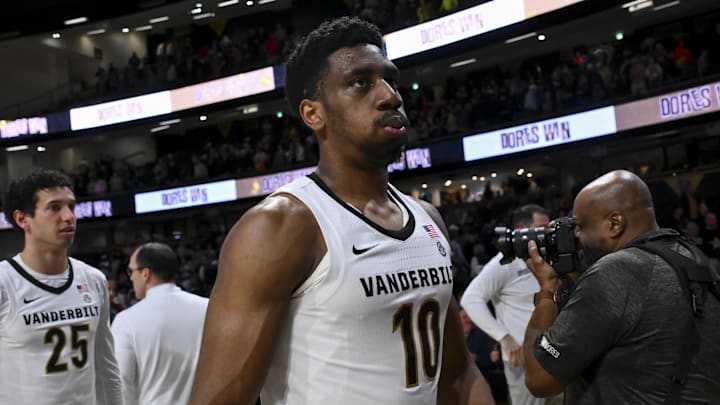 Feb 25, 2026; Nashville, Tennessee, USA; Vanderbilt Commodores forward Ak Okereke (10) exhales as he leaves the court against the Georgia Bulldogs at Memorial Gymnasium. Mandatory Credit: Steve Roberts-Imagn Images Feb 25, 2026; Nashville, Tennessee, USA; Vanderbilt Commodores forward Ak Okereke (10) exhales as he leaves the court against the Georgia Bulldogs at Memorial Gymnasium. Mandatory Credit: Steve Roberts-Imagn Images