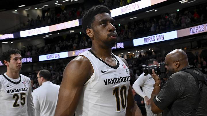 Feb 25, 2026; Nashville, Tennessee, USA;  Vanderbilt Commodores forward Ak Okereke (10) exhales as he leaves the court against the Georgia Bulldogs at Memorial Gymnasium. Mandatory Credit: Steve Roberts-Imagn Images