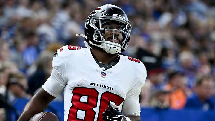 Aug 22, 2026; Indianapolis, Indiana, USA; Atlanta Falcons wide receiver Vinny Anthony II (86) runs after a catch against the Atlanta Falcons during the second half at Lucas Oil Stadium. Mandatory Credit: Robert Goddin-Imagn Images