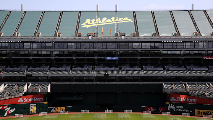 May 11, 2019; Oakland, CA, USA; Part of the Rooted in Oakland slogan is etched into the outfield