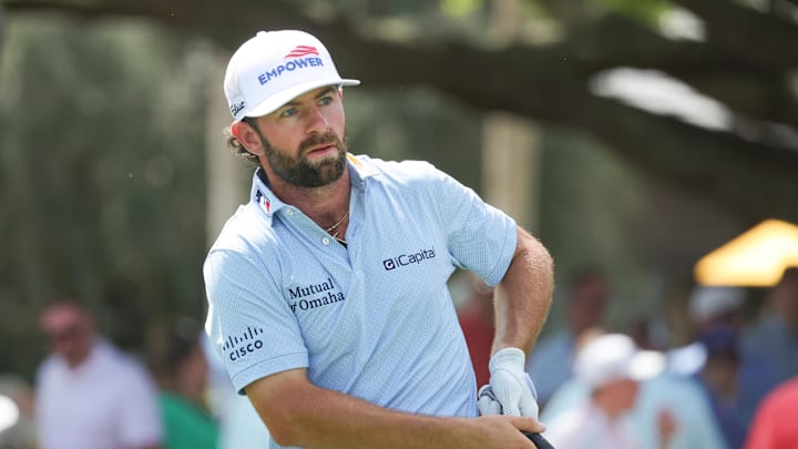 Cameron Young plays his shot from the first tee during the final round of the 2026 Arnold Palmer Invitational