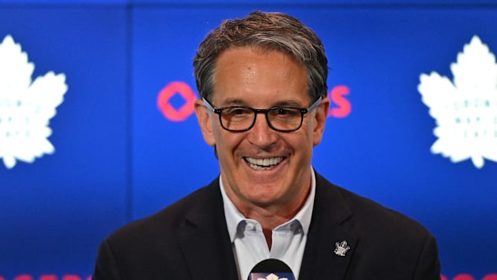 Jun 1, 2023; Toronto, Ontario, CANADA; Toronto Maple Leafs president Brendan Shanahan speaks at a