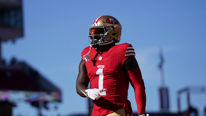 Dec 8, 2024; Santa Clara, California, USA; San Francisco 49ers wide receiver Deebo Samuel Sr. (1) walks on the field before the start of the game against the Chicago Bears at Levi's Stadium. Mandatory Credit: Cary Edmondson-Imagn Images