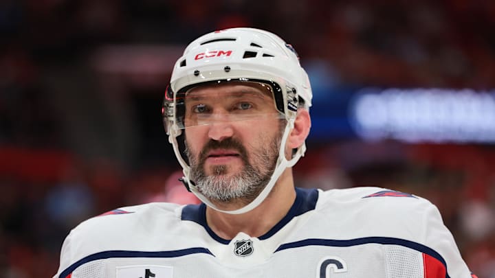 Nov 13, 2025; Sunrise, Florida, USA; Washington Capitals left wing Alex Ovechkin (8) looks on against the Florida Panthers during the first period at Amerant Bank Arena. Mandatory Credit: Sam Navarro-Imagn Images