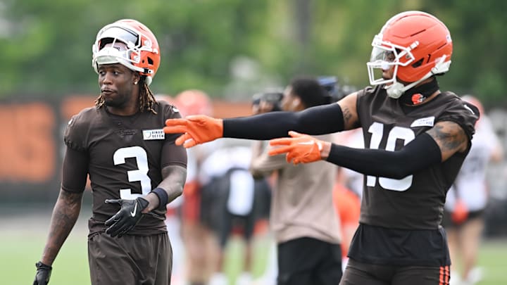 Jun 12, 2025; Berea, OH, USA; Cleveland Browns wide receiver Jerry Jeudy (3) and wide receiver Cedric Tillman (19) during mini camp at CrossCountry Mortgage Campus. Mandatory Credit: Ken Blaze-Imagn Images