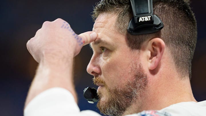 Oregon head coach Dan Lanning watches as Indiana scores as the Oregon Ducks face the Indiana Hoosiers in the Peach Bowl on Jan. 9, 2026, at Mercedes-Benz Stadium in Atlanta, Georgia.
