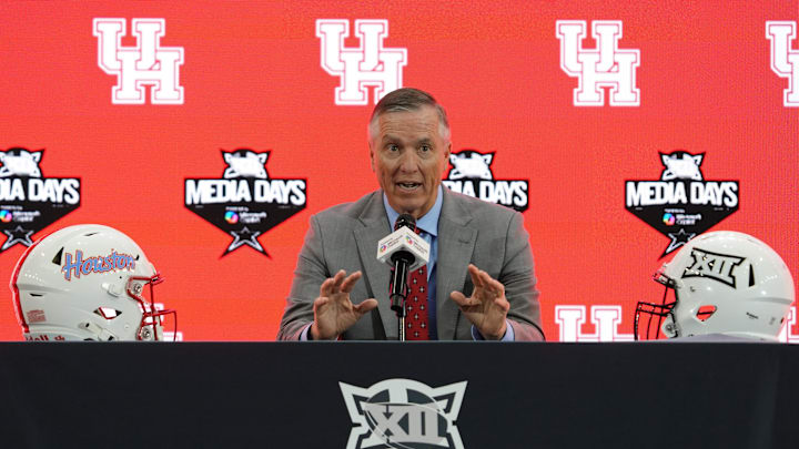 Jul 9, 2025; Frisco, TX, USA; Houston head coach Willie Fritz speaks with the media during 2025 Big 12 Football Media Days at The Star. Mandatory Credit: Raymond Carlin III-Imagn Images