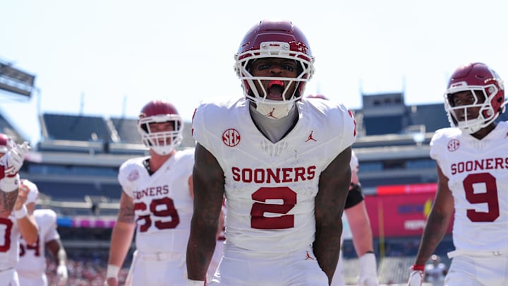 Oklahoma Sooners running back Jovantae Barnes (2) reacts after a touchdown against the Temple Owls. Mandatory Credit: Kyle Ross-Imagn Images