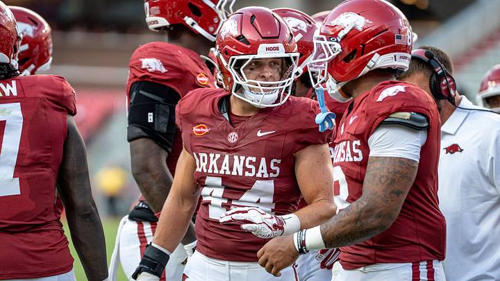 Arkansas Razorback linebackers Ben Bogle (left) and Phoenix Jackson (right) talk during timeout at CommunityAmerica Razorback Stadium on Saturday, Sept. 5, 2026. Arkansas Razorback linebackers Ben Bogle (left) and Phoenix Jackson (right) talk during timeout at CommunityAmerica Razorback Stadium on Saturday, Sept. 5, 2026.
