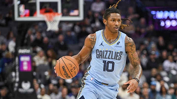 Feb 4, 2026; Sacramento, California, USA; Memphis Grizzlies guard Javon Small (10) dribbles against the Sacramento Kings during the second quarter at Golden 1 Center. Mandatory Credit: Ed Szczepanski-Imagn Images