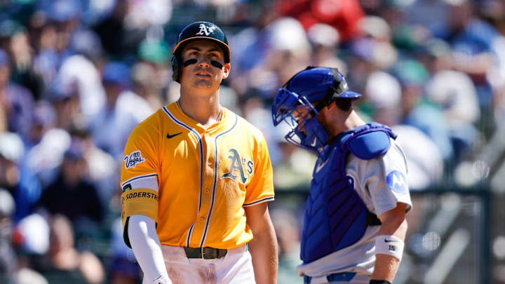 Apr 2, 2025; West Sacramento, California, USA; Athletics first base Tyler Soderstrom (21) looks on after striking out during the fifth inning against the Chicago Cubs at Sutter Health Park. Mandatory Credit: Sergio Estrada-Imagn Images