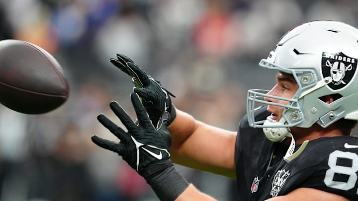 Jan 5, 2025; Paradise, Nevada, USA; Las Vegas Raiders tight end Michael Mayer (87) warms up before a game against the Los Angeles Chargers at Allegiant Stadium. Mandatory Credit: Stephen R. Sylvanie-Imagn Images