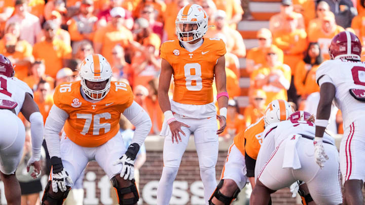 Tennessee quarterback Nico Iamaleava (8) stands at the line of scrimmage before a play agianst Alabama at Neyland Stadium on Saturday, Oct. 19, 2024.