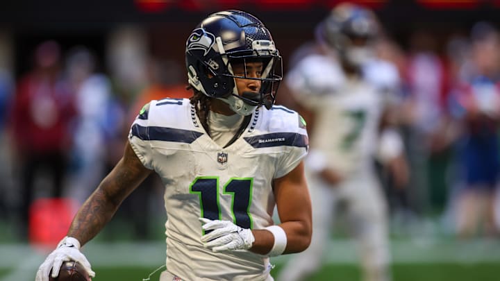 Seattle Seahawks wide receiver Jaxon Smith-Njigba throws a pass against the Atlanta Falcons. Seattle Seahawks wide receiver Jaxon Smith-Njigba throws a pass against the Atlanta Falcons.