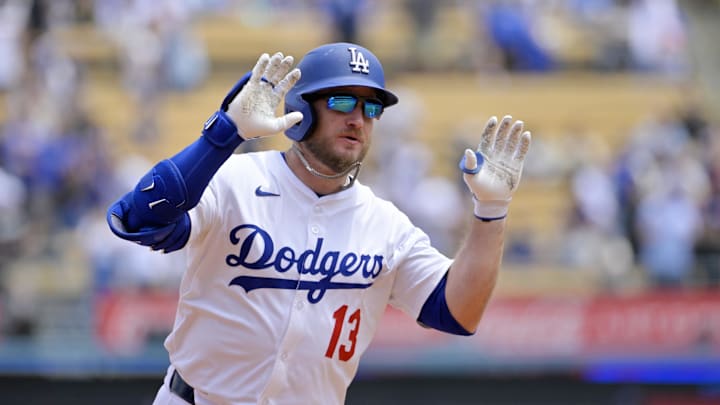 Apr 30, 2025; Los Angeles, California, USA; Los Angeles Dodgers third base Max Muncy (13) reacts after hitting a solo home run against the Miami Marlins during the second half at Dodger Stadium. Mandatory Credit: Jayne Kamin-Oncea-Imagn Images Apr 30, 2025; Los Angeles, California, USA; Los Angeles Dodgers third base Max Muncy (13) reacts after hitting a solo home run against the Miami Marlins during the second half at Dodger Stadium. Mandatory Credit: Jayne Kamin-Oncea-Imagn Images