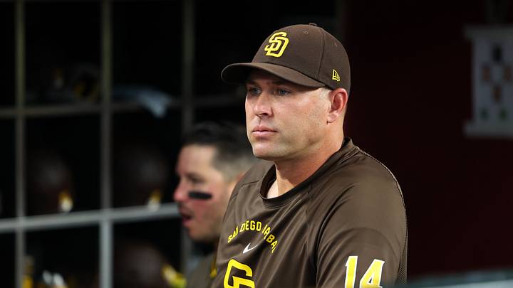 Aug 3, 2026; Phoenix, Arizona, USA; San Diego Padres manager Craig Stammen (14) looks out to the field before the game against the Arizona Diamondbacks at Chase Field. Mandatory Credit: Anna Carrington-Imagn Images