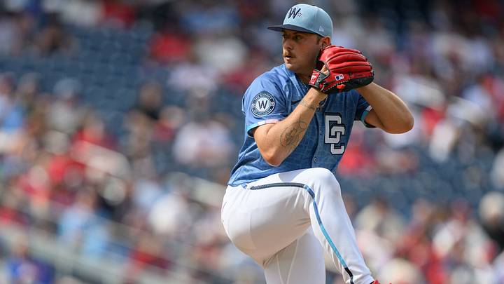 Mar 30, 2025; Washington, District of Columbia, USA; Washington Nationals pitcher Mitchell Parker (70) throws a pitch during the first inning against the Philadelphia Phillies at Nationals Park. Mandatory Credit: Reggie Hildred-Imagn Images