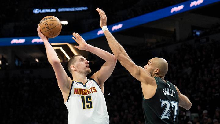 Apr 30, 2026; Minneapolis, Minnesota, USA; Denver Nuggets center Nikola Jokic (15) shoots the ball over Minnesota Timberwolves center Rudy Gobert (27) in the second half during game six of the first round of the 2026 NBA Playoffs at Target Center. Apr 30, 2026; Minneapolis, Minnesota, USA; Denver Nuggets center Nikola Jokic (15) shoots the ball over Minnesota Timberwolves center Rudy Gobert (27) in the second half during game six of the first round of the 2026 NBA Playoffs at Target Center.