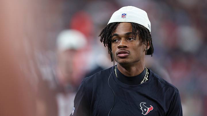 Aug 13, 2026; Houston, Texas, USA;  Houston Texans wide receiver Tank Dell (1) walks on the sideline during the game against the Los Angeles Chargers at Reliant Stadium. Mandatory Credit: Troy Taormina-Imagn Images