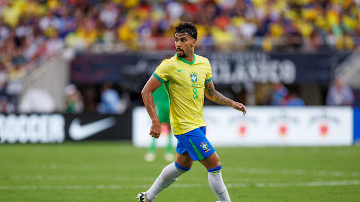 Jun 12, 2024; Orlando, Florida, USA;  Brazil midfielder Lucas Paqueta (8) controls the ball against the United States in the first half during the Continental Clasico at Camping World Stadium. Mandatory Credit: Nathan Ray Seebeck-Imagn Images