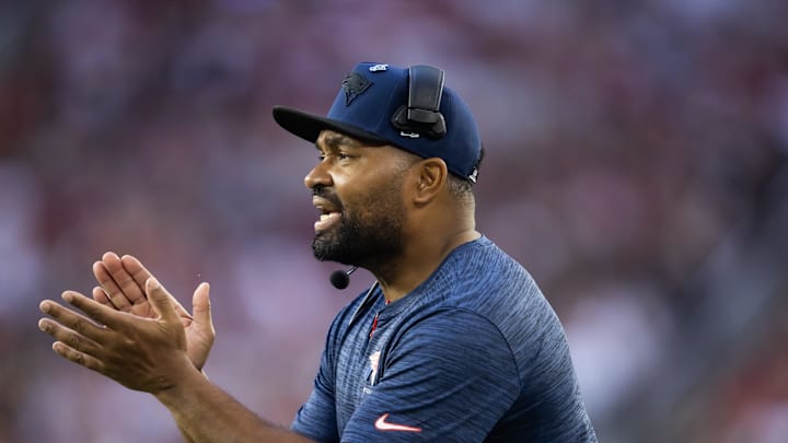 Dec 15, 2024; Glendale, Arizona, USA; New England Patriots head coach Jerod Mayo against the Arizona Cardinals at State Farm Stadium. Mandatory Credit: Mark J. Rebilas-Imagn Images