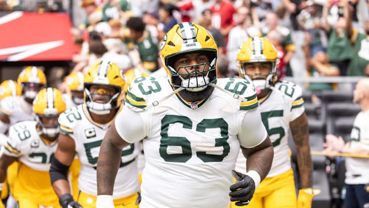 Oct 19, 2025; Glendale, Arizona, USA; Green Bay Packers tackle Rasheed Walker (63) against the Arizona Cardinals at State Farm Stadium. Mandatory Credit: Mark J. Rebilas-Imagn Images