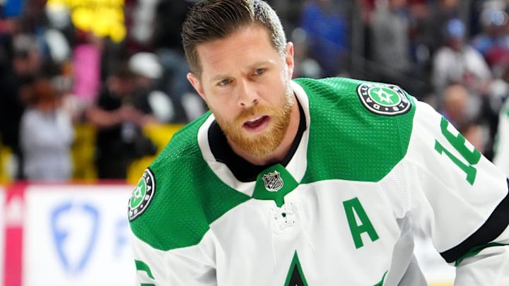 May 17, 2024; Denver, Colorado, USA; Dallas Stars center Joe Pavelski (16) before the game against the Colorado Avalanche in game six of the second round of the 2024 Stanley Cup Playoffs at Ball Arena. Mandatory Credit: Ron Chenoy-USA TODAY Sports