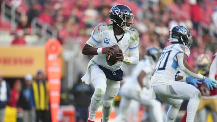 Dec 14, 2025; Santa Clara, California, USA; Tennessee Titans quarterback Cam Ward (1) runs with the ball during the third quarter against the San Francisco 49ers at Levi's Stadium. Mandatory Credit: Cary Edmondson-Imagn Images Dec 14, 2025; Santa Clara, California, USA; Tennessee Titans quarterback Cam Ward (1) runs with the ball during the third quarter against the San Francisco 49ers at Levi's Stadium. Mandatory Credit: Cary Edmondson-Imagn Images