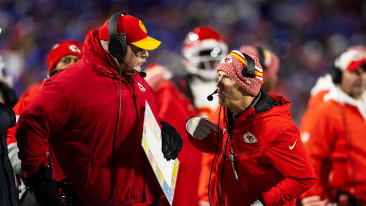 Jan 21, 2024; Orchard Park, New York, USA; Kansas City head coach Andy Reid (left) with defensive coordinator Steve Spagnuolo against the Buffalo Bills for the 2024 AFC divisional round game at Highmark Stadium. Mandatory Credit: Mark J. Rebilas-Imagn Images
