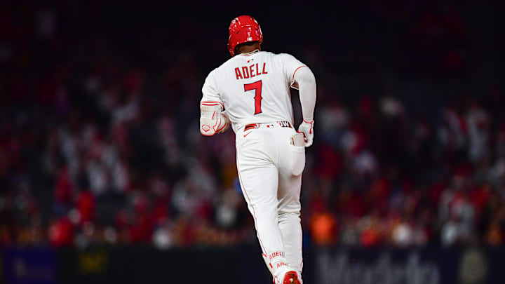Sep 6, 2025; Anaheim, California, USA; Los Angeles Angels outfielder Jo Adell (7) runs the bases after hitting a solo home run against the Athletics during the eighth inning at Angel Stadium. Mandatory Credit: Gary A. Vasquez-Imagn Images