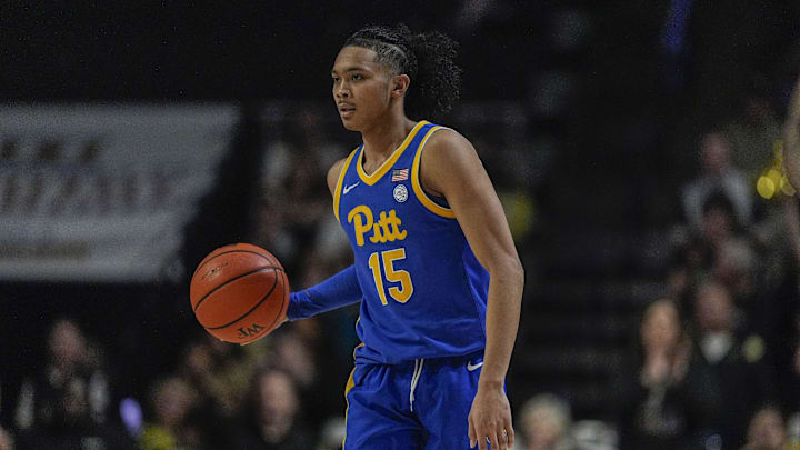 Feb 1, 2025; Winston-Salem, North Carolina, USA; Pittsburgh Panthers guard Jaland Lowe (15) brings the ball up court during the second half against the Wake Forest Demon Deacons at Lawrence Joel Veterans Memorial Coliseum. Mandatory Credit: Jim Dedmon-Imagn Images