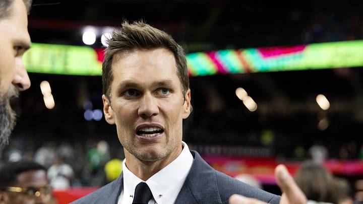 Feb 9, 2025; New Orleans, LA, USA; Fox Sports announcer Tom Brady on the field before Super Bowl LIX between the Philadelphia Eagles and the Kansas City Chiefs at Ceasars Superdome. Mandatory Credit: Mark J. Rebilas-Imagn Images