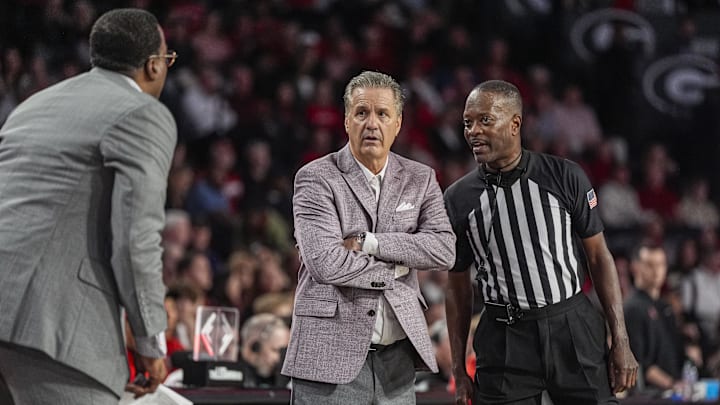Jan 17, 2026; Athens, Georgia, USA; Arkansas Razorbacks head coach John Calipari reacts during the game against the Georgia Bulldogs at Stegeman Coliseum. Mandatory Credit: Dale Zanine-Imagn Images