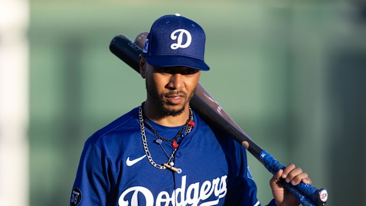 Mar 4, 2025; Phoenix, Arizona, USA; Los Angeles Dodgers shortstop Mookie Betts against the Cincinnati Reds during a spring training game at Camelback Ranch-Glendale. Mandatory Credit: Mark J. Rebilas-Imagn Images