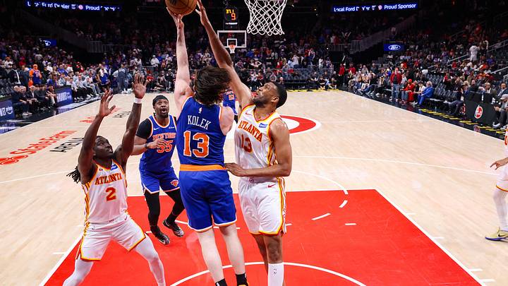 Apr 30, 2026; Atlanta, Georgia, USA; Atlanta Hawks center Tony Bradley (13) blocks the shot of New York Knicks guard Tyler Kolek (13) in the second half during game six of the first round of the 2026 NBA Playoffs at State Farm Arena. Mandatory Credit: Brett Davis-Imagn Images
Apr 30, 2026; Atlanta, Georgia, USA; Atlanta Hawks center Tony Bradley (13) blocks the shot of New York Knicks guard Tyler Kolek (13) in the second half during game six of the first round of the 2026 NBA Playoffs at State Farm Arena. Mandatory Credit: Brett Davis-Imagn Images