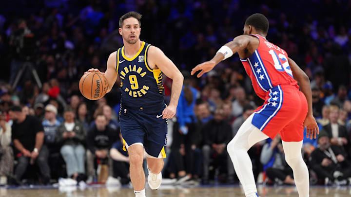 Mar 14, 2025; Philadelphia, Pennsylvania, USA; Indiana Pacers guard T.J. McConnell (9) drives with the ball against Philadelphia 76ers guard Jared Butler (12) in the third quarter at Wells Fargo Center. Mandatory Credit: Kyle Ross-Imagn Images Mar 14, 2025; Philadelphia, Pennsylvania, USA; Indiana Pacers guard T.J. McConnell (9) drives with the ball against Philadelphia 76ers guard Jared Butler (12) in the third quarter at Wells Fargo Center. Mandatory Credit: Kyle Ross-Imagn Images