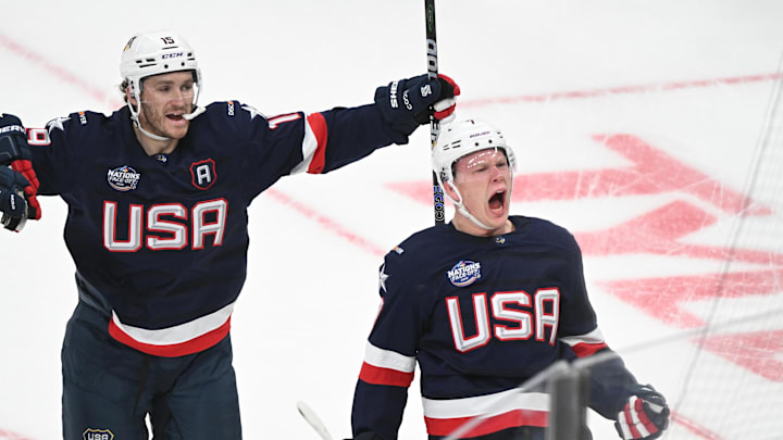 Feb 20, 2025; Boston, MA, USA; [Imagn Images direct customers only]  Team USA forward Brady Tkachuk (7) celebrates scoring against Team Canada during the first period during the 4 Nations Face-Off ice hockey championship game at TD Garden. Mandatory Credit: Brian Fluharty-Imagn Images