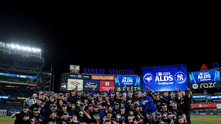 Oct 8, 2025; Bronx, New York, USA; The Toronto Blue Jays celebrate after beating the New York Yankees to win the ALDS round for the 2025 MLB playoffs at Yankee Stadium. Mandatory Credit: Vincent Carchietta-Imagn Images Oct 8, 2025; Bronx, New York, USA; The Toronto Blue Jays celebrate after beating the New York Yankees to win the ALDS round for the 2025 MLB playoffs at Yankee Stadium. Mandatory Credit: Vincent Carchietta-Imagn Images