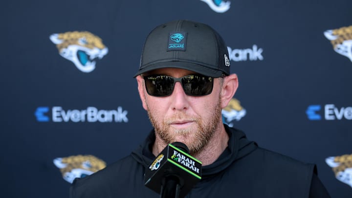 Jul 25, 2025; Jacksonville, FL, USA; Jacksonville Jaguars head coach Liam Coen talks to media after training camp at Miller Electric Center. Mandatory Credit: Nathan Ray Seebeck-Imagn Images
