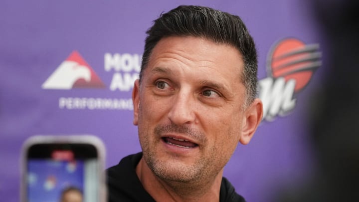 Phoenix Mercury head coach Nate Tibbetts speaks to the media after the team's practice at Mountain America Performance Center before their WNBA Finals series against the Las Vegas Aces on Oct. 1, 2025, in Phoenix.