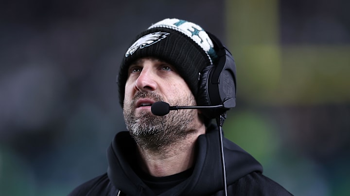 Jan 12, 2025; Philadelphia, Pennsylvania, USA; Philadelphia Eagles head coach Nick Sirianni reacts during the game against the Green Bay Packers in an NFC wild card game at Lincoln Financial Field. Mandatory Credit: Bill Streicher-Imagn Images