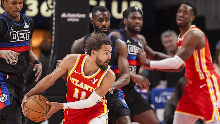 Jan 22, 2025; Atlanta, Georgia, USA; Atlanta Hawks guard Trae Young (11) looks to pass behind Detroit Pistons forward Tim Hardaway Jr. (8) during the first half at State Farm Arena. Mandatory Credit: Dale Zanine-Imagn Images Jan 22, 2025; Atlanta, Georgia, USA; Atlanta Hawks guard Trae Young (11) looks to pass behind Detroit Pistons forward Tim Hardaway Jr. (8) during the first half at State Farm Arena. Mandatory Credit: Dale Zanine-Imagn Images