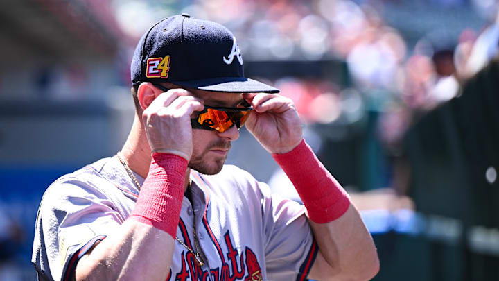 Atlanta Braves outfielder Jarred Kelenic (24) in the dugout against the Los Angeles Angels during the fifth inning at Angel Stadium in 2024.