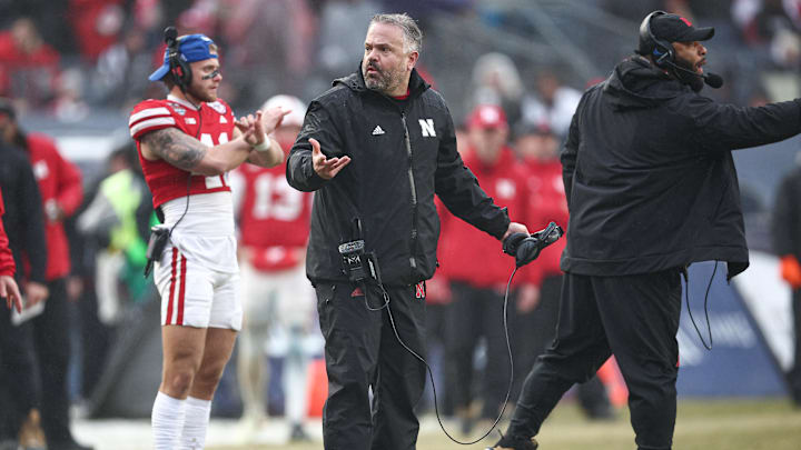Dec 28, 2024; Bronx, NY, USA; Nebraska Cornhuskers head coach Matt Rhule reacts during the second half against the Boston College Eagles at Yankee Stadium. Mandatory Credit: Vincent Carchietta-Imagn Images