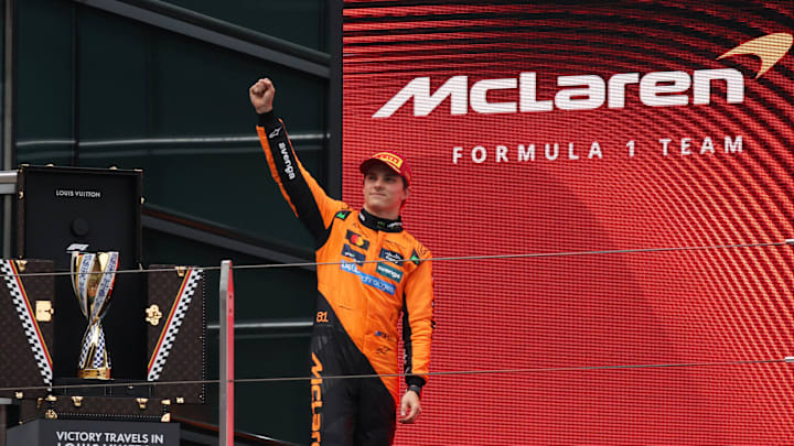 [US, Mexico & Canada customers only] March 23, 2025; Shanghai, CHINA; Oscar Piastri celebrates after winning the F1 Chinese Grand Prix at Shanghai International Circuit. Mandatory Credit: Go Nakamura/Reuters via Imagn Images