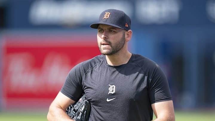 Jul 28, 2022; Toronto, Ontario, CAN; Detroit Tigers relief pitcher Michael Fulmer (32) walks towards the dugout against the Toronto Blue Jays during batting practice at Rogers Centre. Jul 28, 2022; Toronto, Ontario, CAN; Detroit Tigers relief pitcher Michael Fulmer (32) walks towards the dugout against the Toronto Blue Jays during batting practice at Rogers Centre.