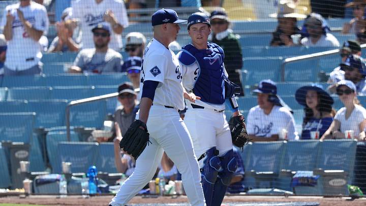 Los Angeles Dodgers pitcher Tarik Skubal (29) and catcher Will Smith (16) walk to the dugout during the third inning of game one of the NLDS against the Atlanta Braves for the 2026 MLB Playoffs at Uniqlo Field at Dodger Stadium on Oct. 3, 2026. Los Angeles Dodgers pitcher Tarik Skubal (29) and catcher Will Smith (16) walk to the dugout during the third inning of game one of the NLDS against the Atlanta Braves for the 2026 MLB Playoffs at Uniqlo Field at Dodger Stadium on Oct. 3, 2026.